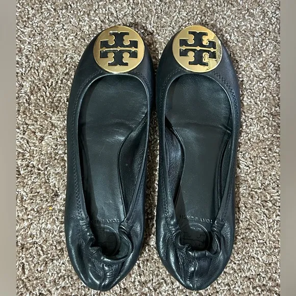Tory Burch Black Leather Flats with Gold Emblem
