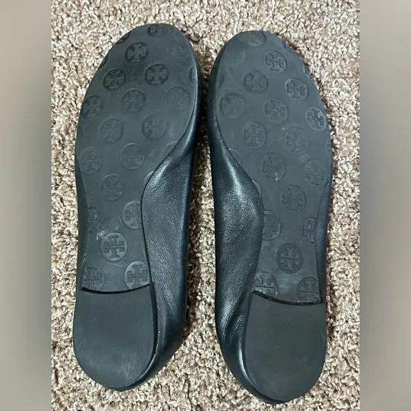Tory Burch Black Leather Flats with Gold Emblem