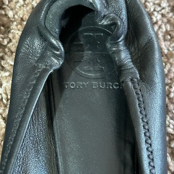 Tory Burch Black Leather Flats with Gold Emblem