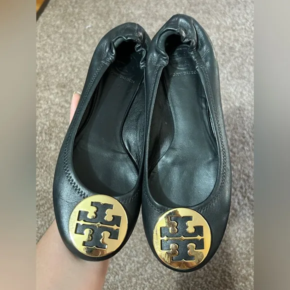 Tory Burch Black Leather Flats with Gold Emblem