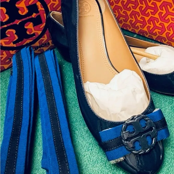 Tory Burch Blue Ballet Flats with Striped Accents