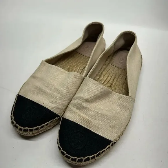 Tory Burch Colorblock Cap Toe Espadrille Canvas Flats Shoes White Black Size 8.5