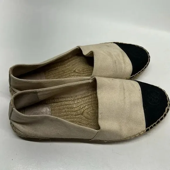 Tory Burch Colorblock Cap Toe Espadrille Canvas Flats Shoes White Black Size 8.5