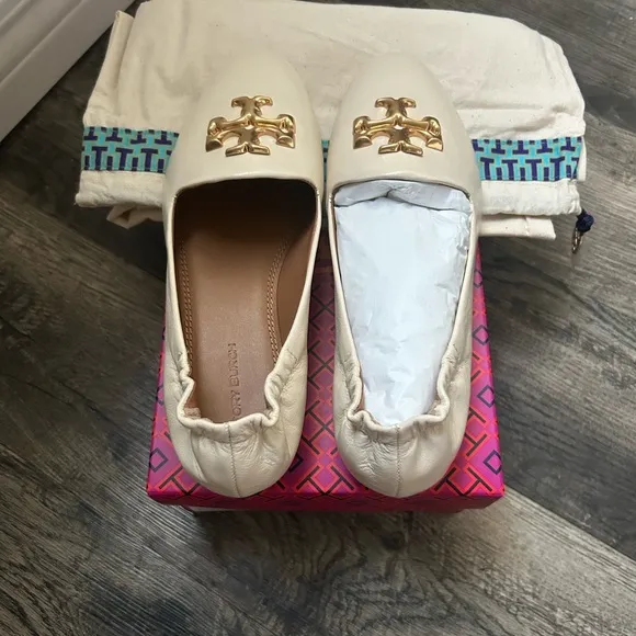 Tory Burch Cream Gold Flats with Iconic Logo