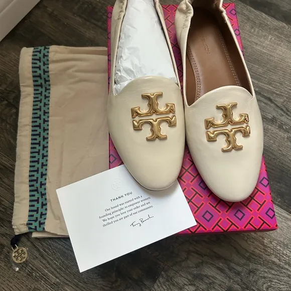 Tory Burch Cream Gold Flats with Iconic Logo