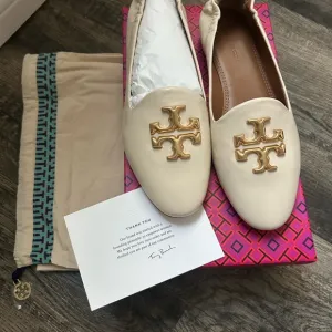 Tory Burch Cream Gold Flats with Iconic Logo