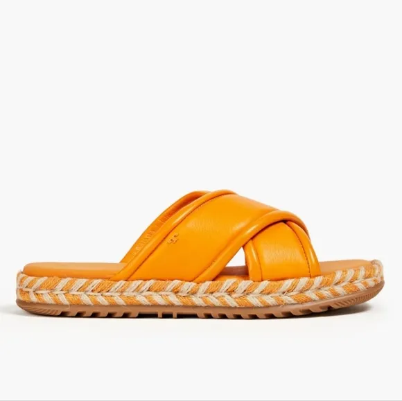 TORY BURCH Criss-Cross Textured Leather slides  with Logo Orange &amp; Tan Size 7.5M