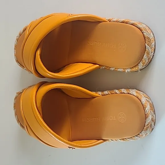 TORY BURCH Criss-Cross Textured Leather slides  with Logo Orange &amp; Tan Size 7.5M