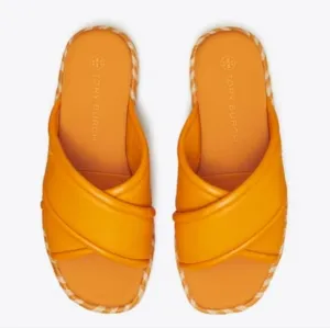 TORY BURCH Criss-Cross Textured Leather slides  with Logo Orange &amp; Tan Size 7.5M