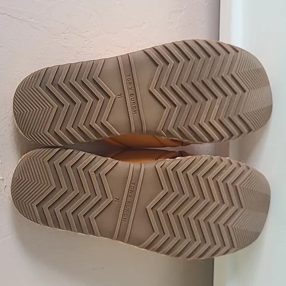 TORY BURCH Criss-Cross Textured Leather slides  with Logo Orange &amp; Tan Size 7.5M