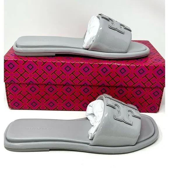 🆕Tory Burch Double T Sport Slide Sandals Bay Gray Size 7.5 NIB