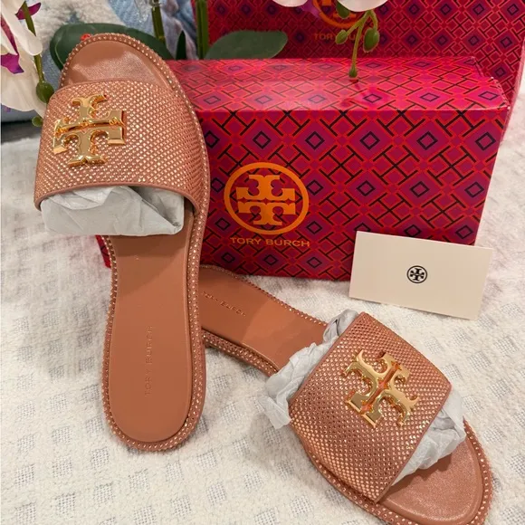 Tory Burch Everly Slide Royal Suede in Malva / Gold / Crystal size 8, NWB!