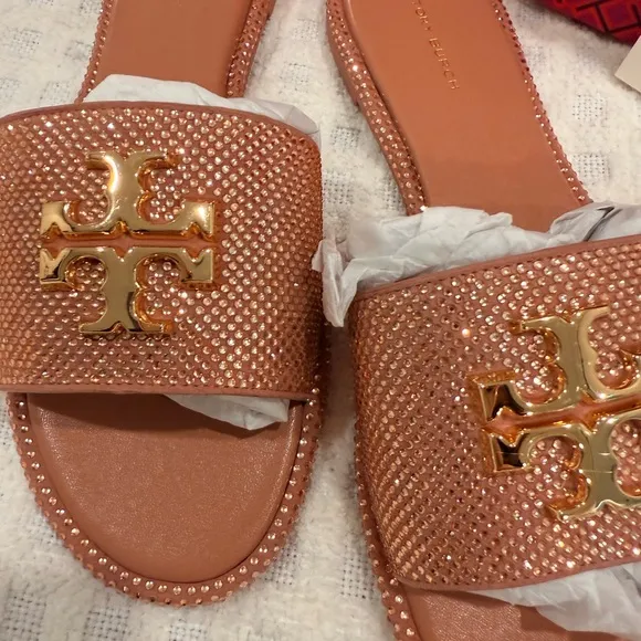 Tory Burch Everly Slide Royal Suede in Malva / Gold / Crystal size 8, NWB!