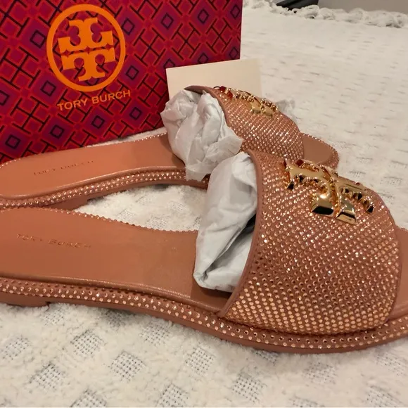 Tory Burch Everly Slide Royal Suede in Malva / Gold / Crystal size 8, NWB!