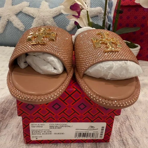 Tory Burch Everly Slide Royal Suede in Malva / Gold / Crystal size 8, NWB!