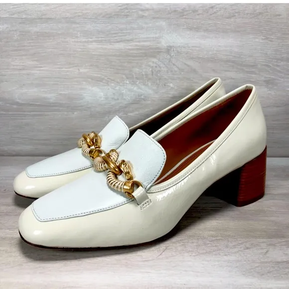 Tory Burch Jessa Goatskin Patent Leather Pump Heel Ivory Mint