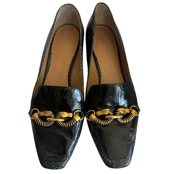 TORY BURCH Jessa Loafer Black Snake Print Horsebit Gold Heel Slip-On Shoe 9.5