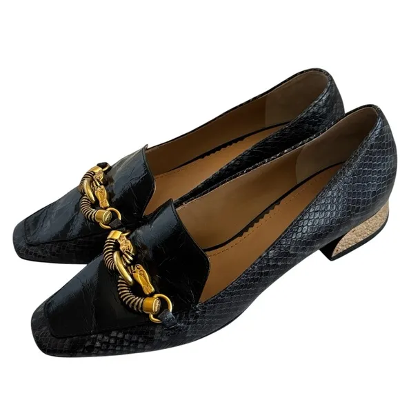 TORY BURCH Jessa Loafer Black Snake Print Horsebit Gold Heel Slip-On Shoe 9.5