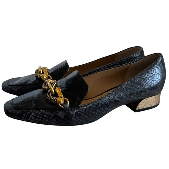 TORY BURCH Jessa Loafer Black Snake Print Horsebit Gold Heel Slip-On Shoe 9.5