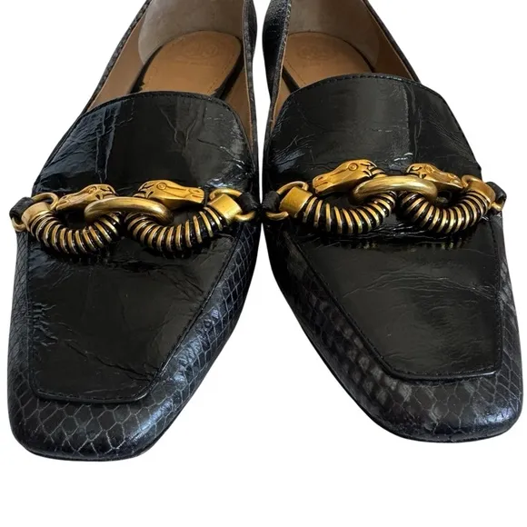 TORY BURCH Jessa Loafer Black Snake Print Horsebit Gold Heel Slip-On Shoe 9.5
