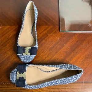 Tory Burch Link Print Textile Buckle Flats
