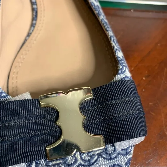 Tory Burch Link Print Textile Buckle Flats