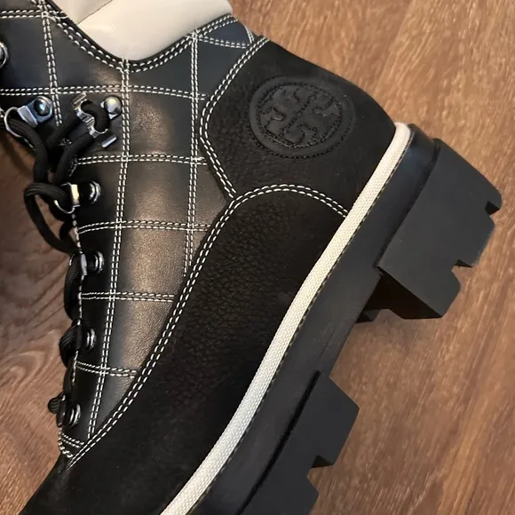 Tory Burch Miller Lug Hiking Boot with White Quilting