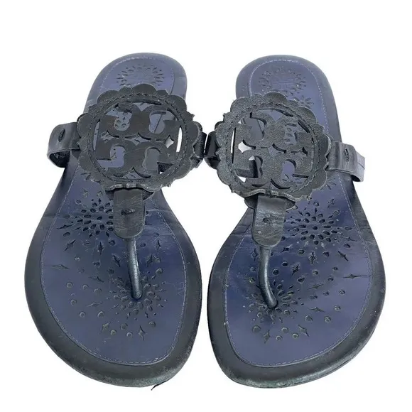 Tory Burch Miller Scallop Leather Sandals Navy Blue/Black Slide Women’s Size 10
