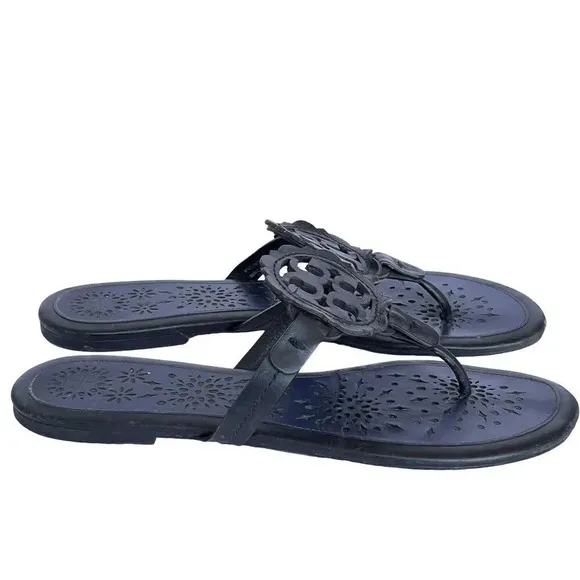 Tory Burch Miller Scallop Leather Sandals Navy Blue/Black Slide Women’s Size 10
