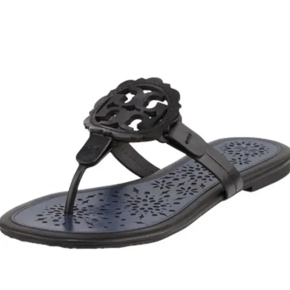 Tory Burch Miller Scallop Leather Sandals Navy Blue/Black Slide Women’s Size 10