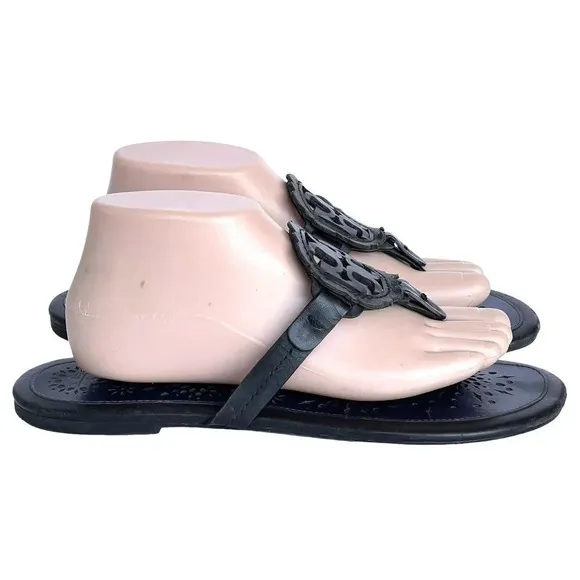 Tory Burch Miller Scallop Leather Sandals Navy Blue/Black Slide Women’s Size 10