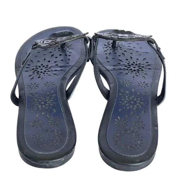 Tory Burch Miller Scallop Leather Sandals Navy Blue/Black Slide Women’s Size 10
