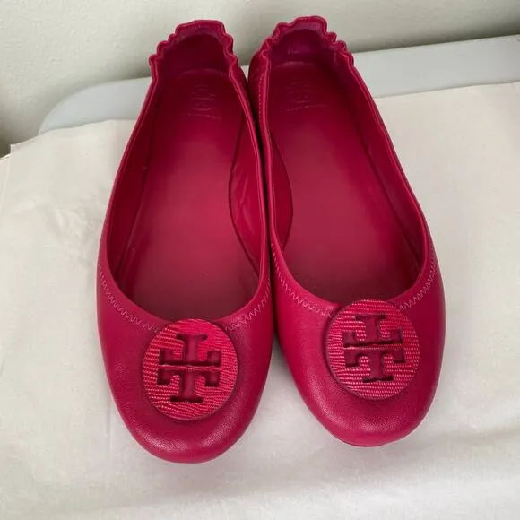 Tory Burch Minnie Flats Size 10.5 Dark Azalea Hot Pink Leather Logo Designer
