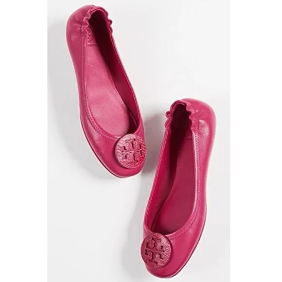 Tory Burch Minnie Flats Size 10.5 Dark Azalea Hot Pink Leather Logo Designer