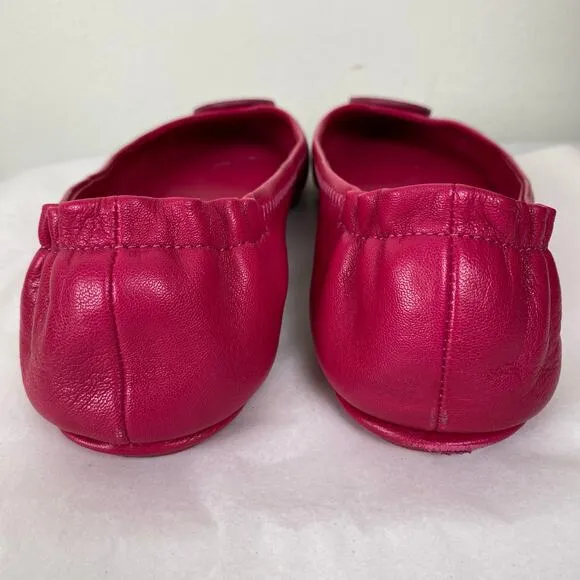 Tory Burch Minnie Flats Size 10.5 Dark Azalea Hot Pink Leather Logo Designer