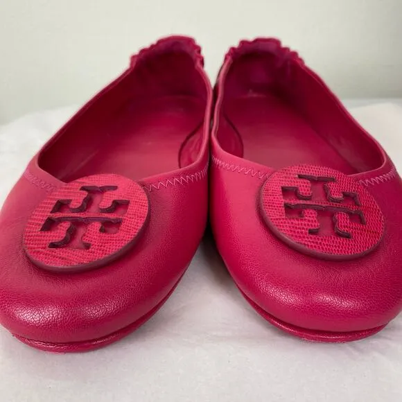 Tory Burch Minnie Flats Size 10.5 Dark Azalea Hot Pink Leather Logo Designer