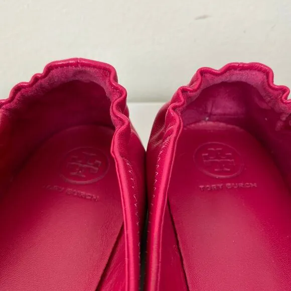 Tory Burch Minnie Flats Size 10.5 Dark Azalea Hot Pink Leather Logo Designer