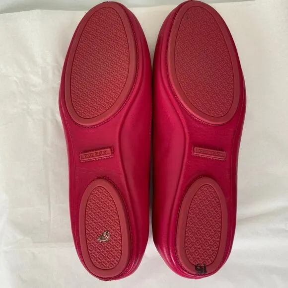 Tory Burch Minnie Flats Size 10.5 Dark Azalea Hot Pink Leather Logo Designer
