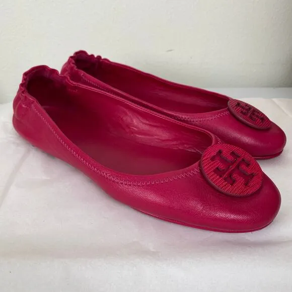 Tory Burch Minnie Flats Size 10.5 Dark Azalea Hot Pink Leather Logo Designer