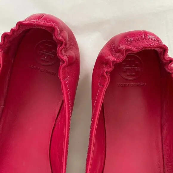 Tory Burch Minnie Flats Size 10.5 Dark Azalea Hot Pink Leather Logo Designer
