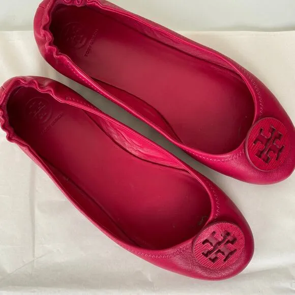 Tory Burch Minnie Flats Size 10.5 Dark Azalea Hot Pink Leather Logo Designer
