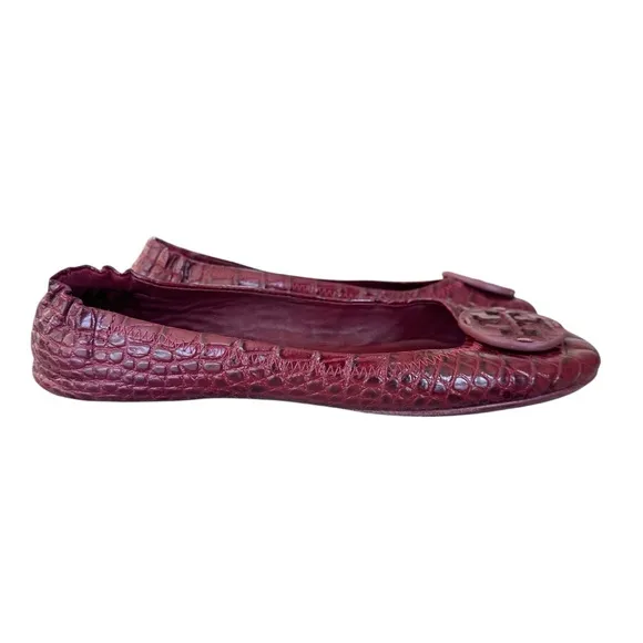 Tory Burch Minnie Travel Ballet Flats Snake Embossed Leather in Roma Red Size 8