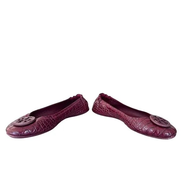 Tory Burch Minnie Travel Ballet Flats Snake Embossed Leather in Roma Red Size 8