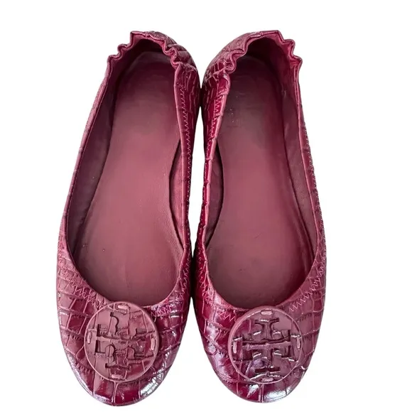 Tory Burch Minnie Travel Ballet Flats Snake Embossed Leather in Roma Red Size 8