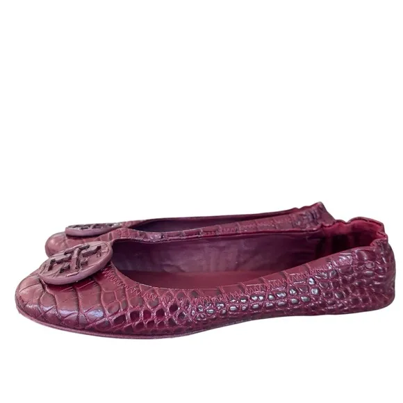 Tory Burch Minnie Travel Ballet Flats Snake Embossed Leather in Roma Red Size 8