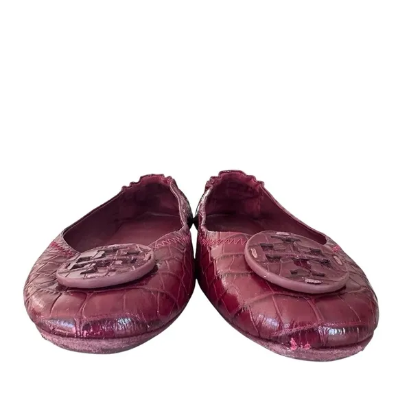 Tory Burch Minnie Travel Ballet Flats Snake Embossed Leather in Roma Red Size 8