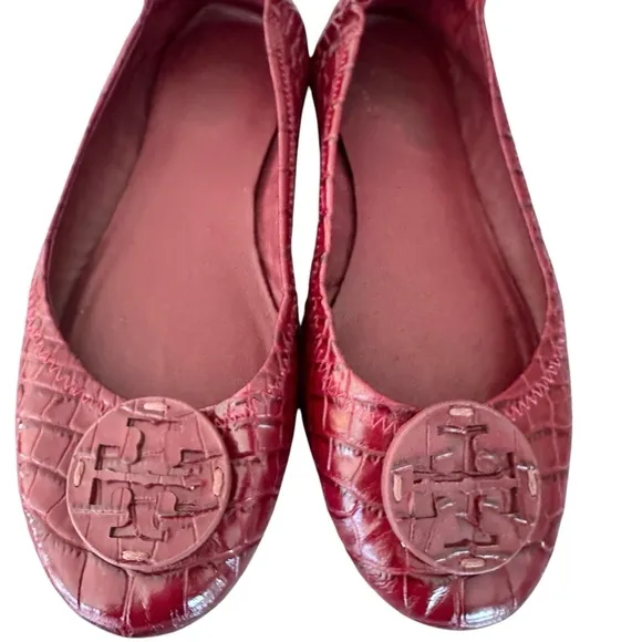 Tory Burch Minnie Travel Ballet Flats Snake Embossed Leather in Roma Red Size 8