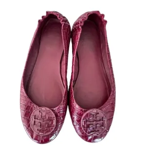 Tory Burch Minnie Travel Ballet Flats Snake Embossed Leather in Roma Red Size 8