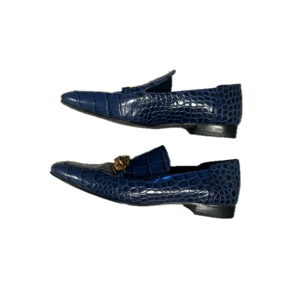 Tory Burch navy royal Blue alligator jessa Loafers Gold dragon buckle Accent