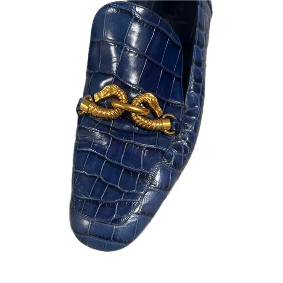 Tory Burch navy royal Blue alligator jessa Loafers Gold dragon buckle Accent